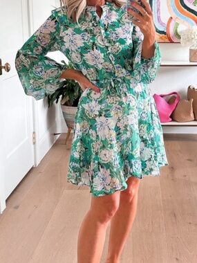 Floral Green Ruffle Hem Women's Dress